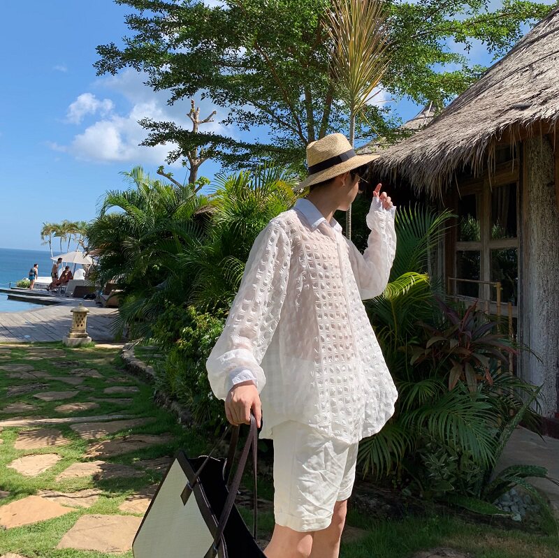 半透明压花夏威夷旅游度假沙滩长袖薄衬衫男防晒衣A345-1106-P75,男装防晒衣,电商A345