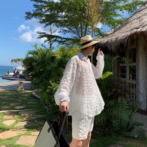 半透明压花夏威夷旅游度假沙滩长袖薄衬衫男防晒衣A345-1106-P75图片