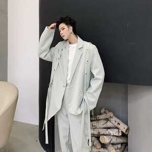 米白不对称单排扣中性复古绑带男女同款西服上衣A345-1170-P135图片
