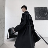 新款小众设计感流行长款糸带黑色大衣男A345-133-P145，男装风衣，电商A345