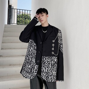 韩版复古豹纹拼接西服设计感个性小众长袖西服男潮A345-151-P135图片