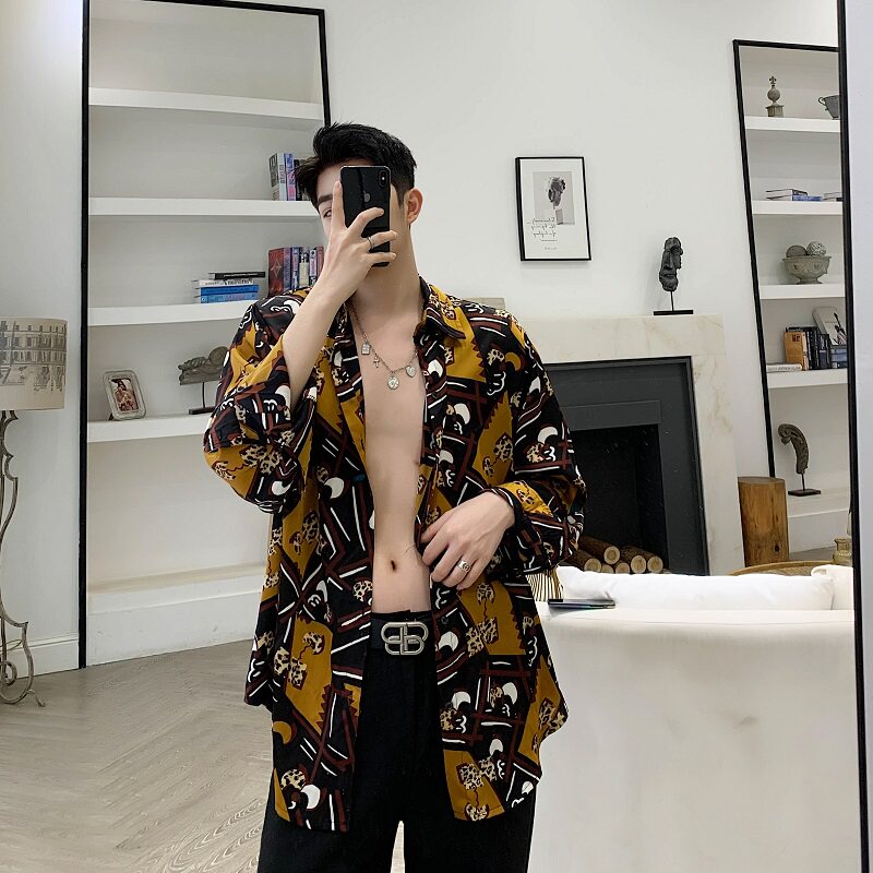 复古法式宫廷风印花丝绸衬衣2025春装方领男衬衫A345-1190-P75图片