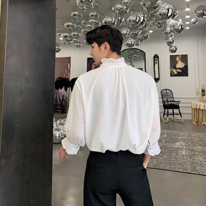 夏季轻奢风荷叶边领男七分袖白色衬衣A345-1079-P65图片