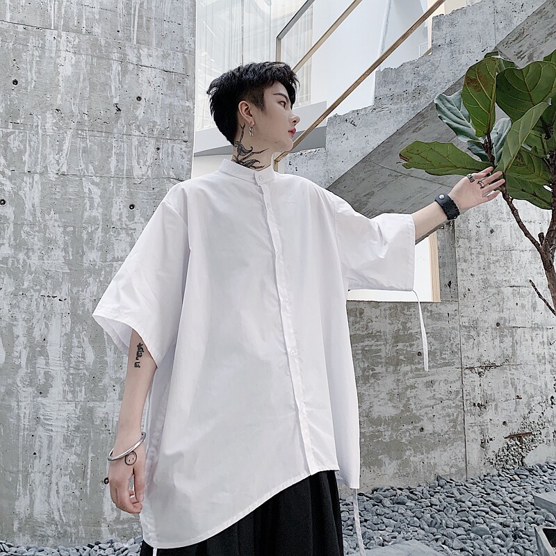 立领五分袖不规则特宽松白衬衣男女中长款衬衫A345-1103-P65,男装T恤,电商A345
