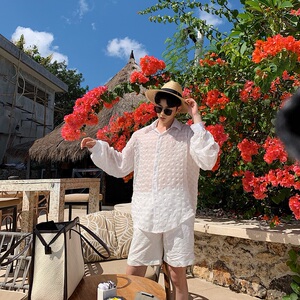 压花夏威夷旅游度假沙滩长袖薄衬衫男A345 -113 -P75图片