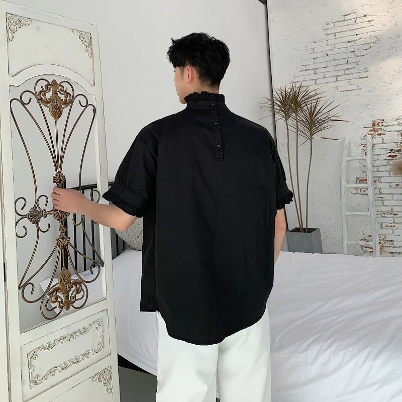 夏季轻奢风荷叶边小立领前后穿短袖黑衬衣男A345-1062-P65,男装T恤,电商A345