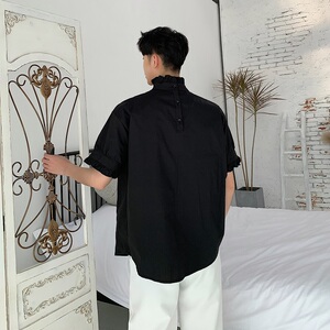 夏季轻奢风荷叶边小立领前后穿短袖黑衬衣男A345-1062-P65图片