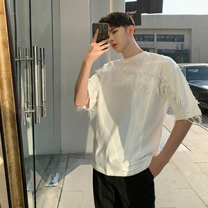 羽叶茑萝水溶立体刺绣宽松版T恤设计师男装A345-1061-P55图片