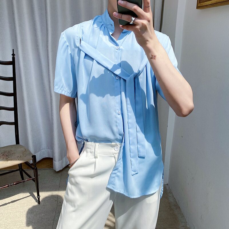 夏季超薄男衬衣胸前飘带设计小众燕尾百搭兰衬衫A345-1202-P65,男装衬衫,电商A345