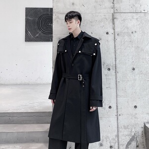 新款小众设计感流行长款糸带黑色大衣男A345-133-P145图片