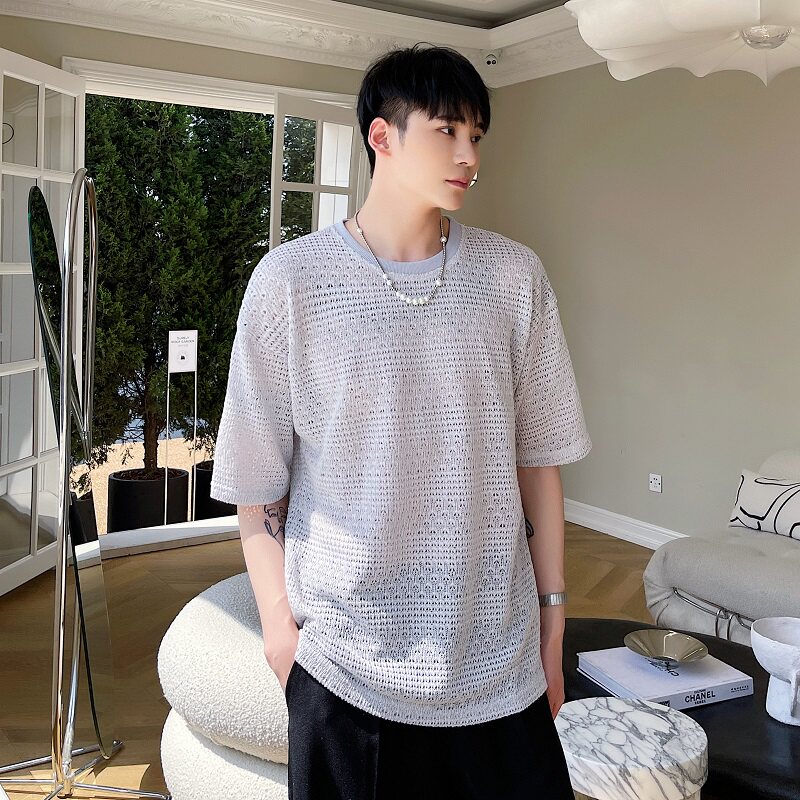 夏季新款灰色宽松圆领t恤休闲网眼纯棉半袖潮男A345-1800-P50,男装T恤,电商A345