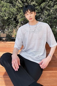 夏季新款灰色宽松圆领t恤休闲网眼纯棉半袖潮男A345-1800-P50图片