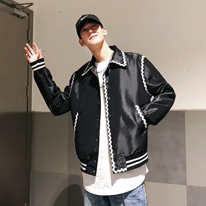 韩版青年流行翻领潮流花边配饰男长袖夹克外套A345-107-P105图片