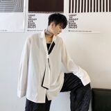 韩版宽松休闲黑白领带飘带西服领垂感男长袖衬衣潮A345-1139-P75，男装西服，电商A345
