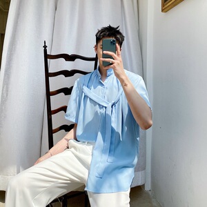夏季超薄男衬衣胸前飘带设计小众燕尾百搭兰衬衫A345-1202-P65图片