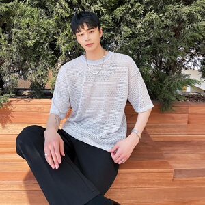 夏季新款灰色宽松圆领t恤休闲网眼纯棉半袖潮男A345-1800-P50图片