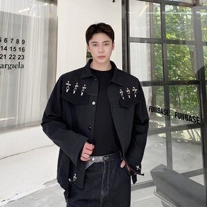 2025春秋新款韩版宽松重工链条拼接短款水洗外套男A345-1919-P105图片