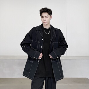 新款2025秋冬明线装饰腰抽绳口袋韩版中长外套男A345-1220-P115图片