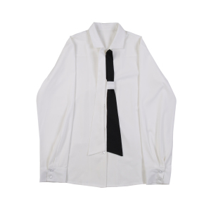 韩版宽松休闲黑白领带飘带西服领垂感男长袖衬衣潮A345-1139-P75图片