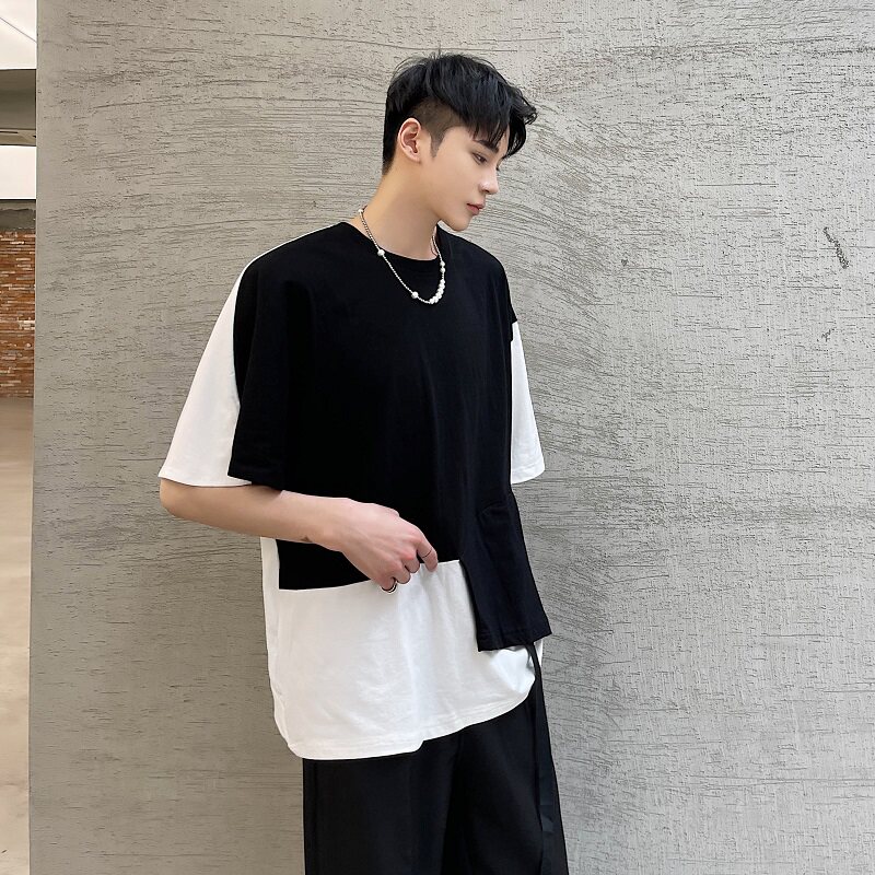 夏季黑暗个性黑白撞色不规则拼接休闲短袖男潮A345-1802-P55,男装T恤,电商A345