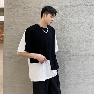 夏季黑暗个性黑白撞色不规则拼接休闲短袖男潮A345-1802-P55图片