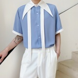 夏季男时尚蓝白撞色超大领子宽松领带短袖衬衣A345-1199-P65，男装T恤，电商A345
