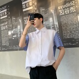 假二件兰色条纹短袖衬衣前后可穿男夏季韩版上衣A345-1071-P65，男装T恤，电商A345