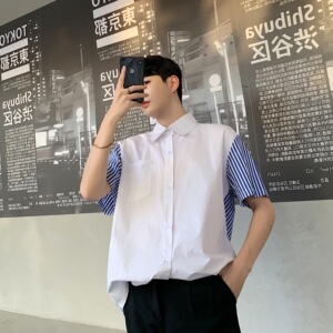 假二件兰色条纹短袖衬衣前后可穿男夏季韩版上衣A345-1071-P65图片