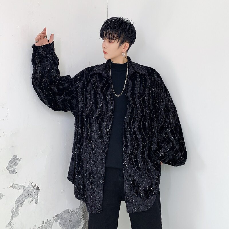 2025春秋新款手绘水波纹方领不规则衬衣外套男A345-1151-P75,男装衬衫,电商A345