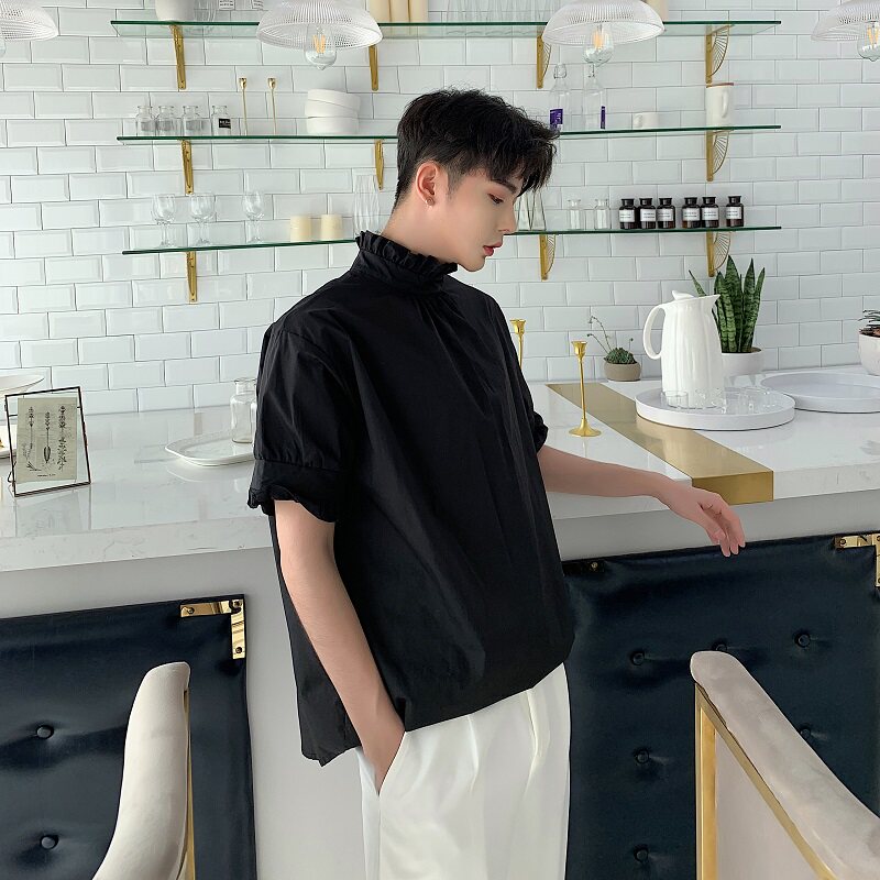 夏季轻奢风荷叶边小立领前后穿短袖黑衬衣男A345-1062-P65,男装T恤,电商A345