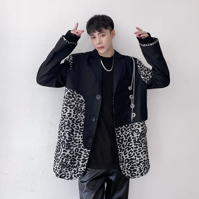 韩版复古豹纹拼接西服设计感个性小众西装男潮A345-1226-P135,男装西服套装,电商A345