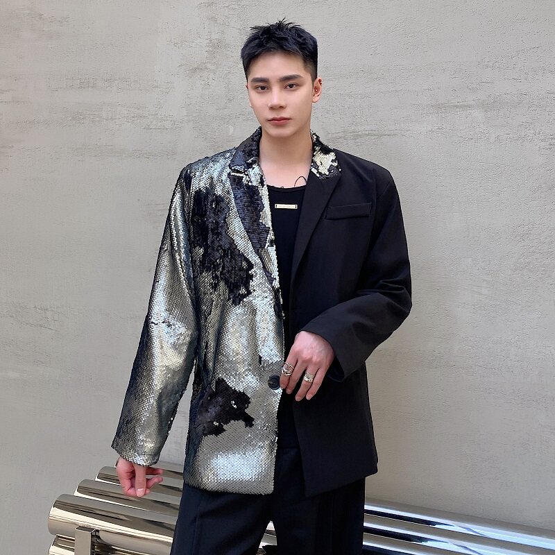 春季新款休闲宽松亮片拼接撞色西服外套上衣男潮A345-1877-P145,男装西服,电商A345