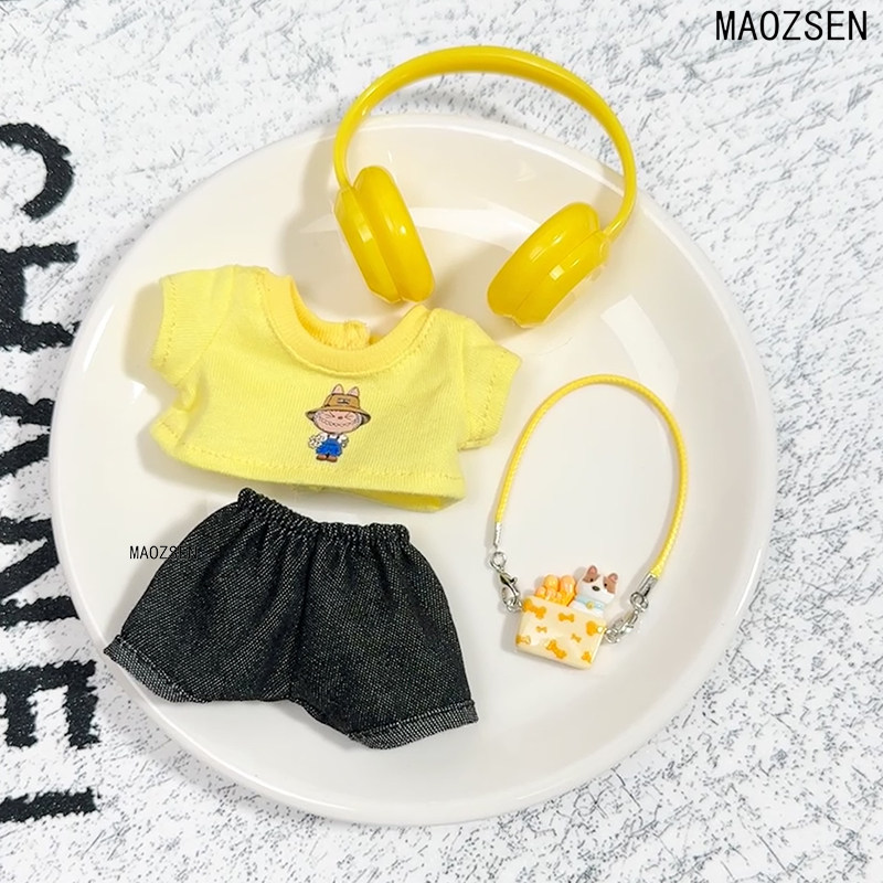 thumbnail for New baby clothes 10cm cotton doll clothes cute t-shirt black pants set plush toys doll doll headphones