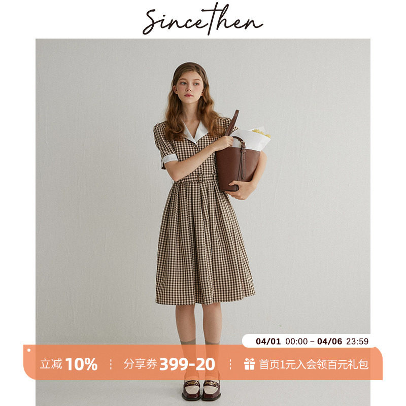 sincethen 法式格子裙复古长裙收腰格纹裙子短袖翻领连衣裙女夏季