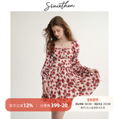 小香风长袖 sincethen 法式 连衣裙千金短裙红色碎花裙小裙子女秋冬