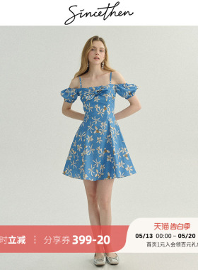 sincethen 法式碎花裙海边度假裙子仙女短裙蓝色短款连衣裙女夏季