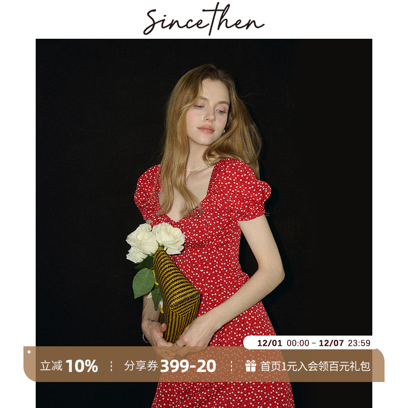 sincethen法式红色连衣裙仙女裙
