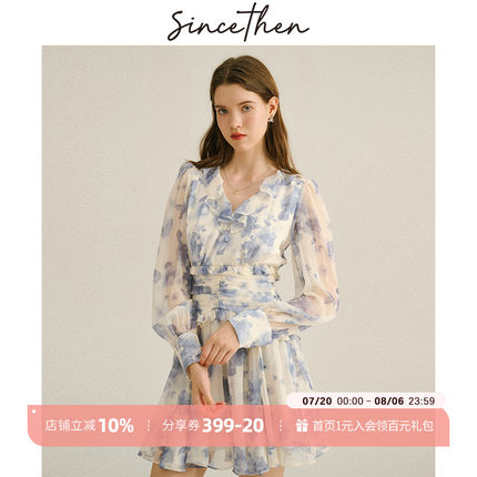 sincethen法式短款连衣裙仙女风长袖碎花裙小个子短裙裙子女早春