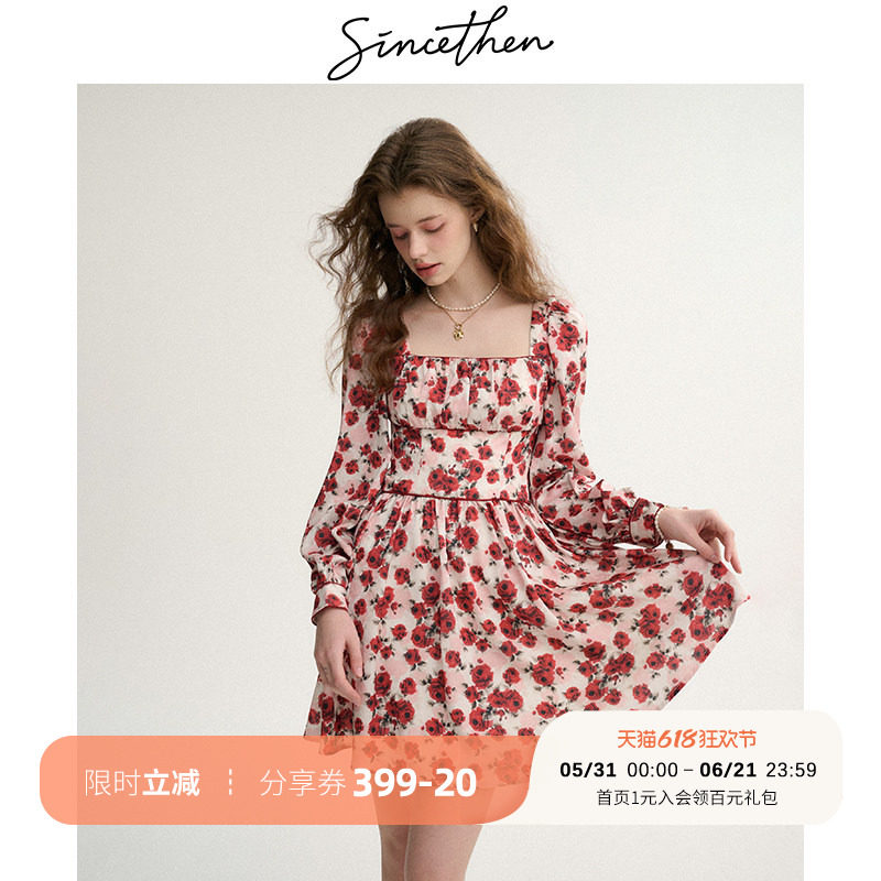 sincethen 法式小香风长袖连衣裙千金短裙红色碎花裙小裙子女秋冬