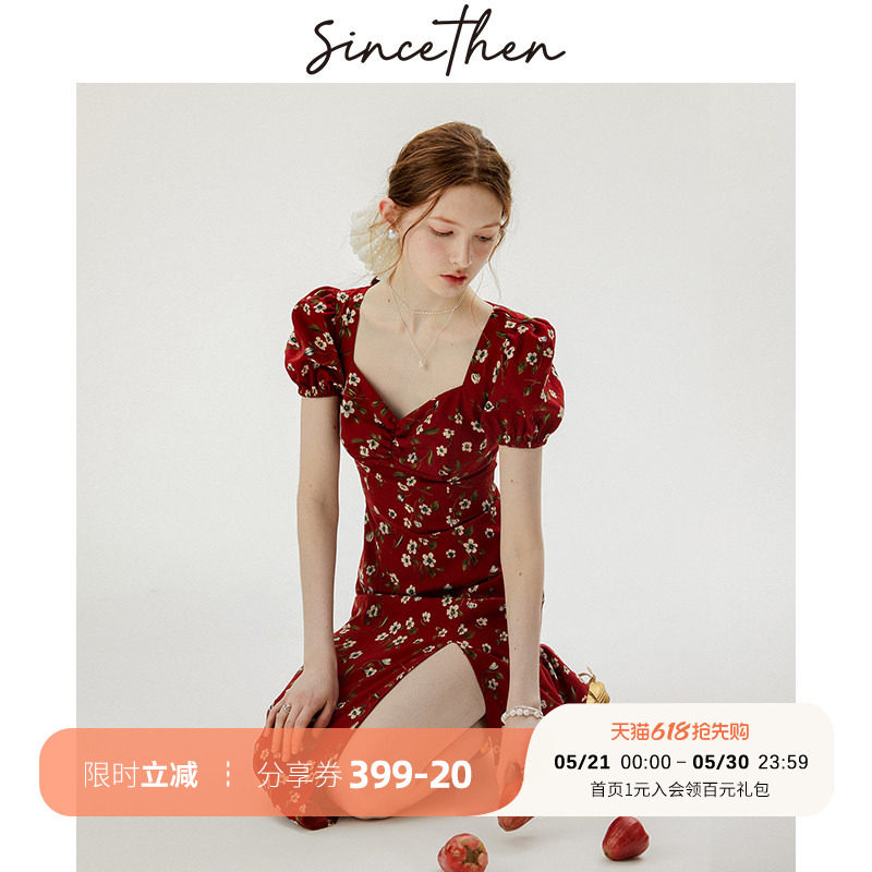 sincethen 法式碎花裙红色连衣裙长裙小礼服红裙子女高级感穿搭夏