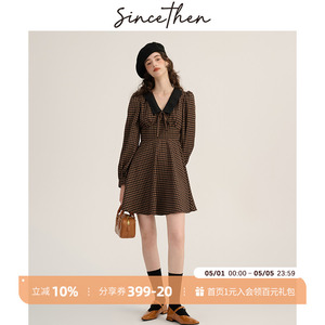 sincethen格纹连衣裙法式小个子穿搭长袖短裙娃娃领茶歇裙女春季