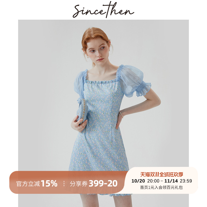 sincethen海湾恋人法式小清新碎花短裙甜美泡泡袖方领连衣裙女夏