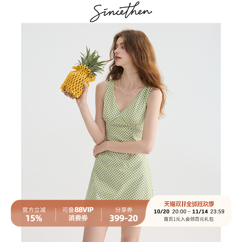 sincethen法式复古格子连衣裙夏