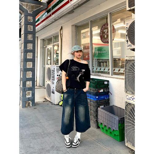 直筒阔腿裤女休闲七分牛仔裤