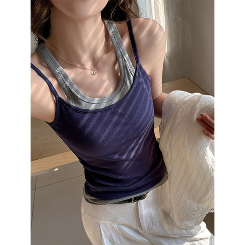 LTGIRL棉假两件吊带背心春夏新款修身显瘦内搭打底衫撞色无袖上衣