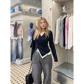 韩版 黑白撞色大码 微长设计感上衣 短袖 打底衫 V领T恤女长款 显瘦修身