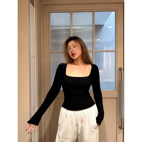 LTGIRL大码合身大方领打底衫女秋冬 新款紧身内搭长袖t恤纯欲上衣