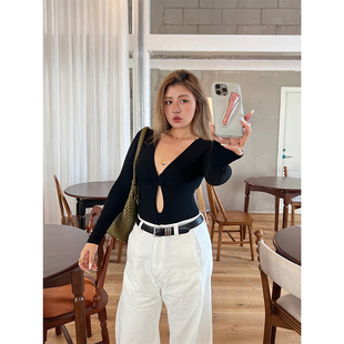 显瘦设计感上衣T恤 T恤2025修身 LTGIRL大码 纯欲性感风黑色镂空长袖