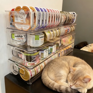 桌面猫罐头收纳盒分装盒猫粮收纳架透明猫咪零食宠物收纳柜多功能