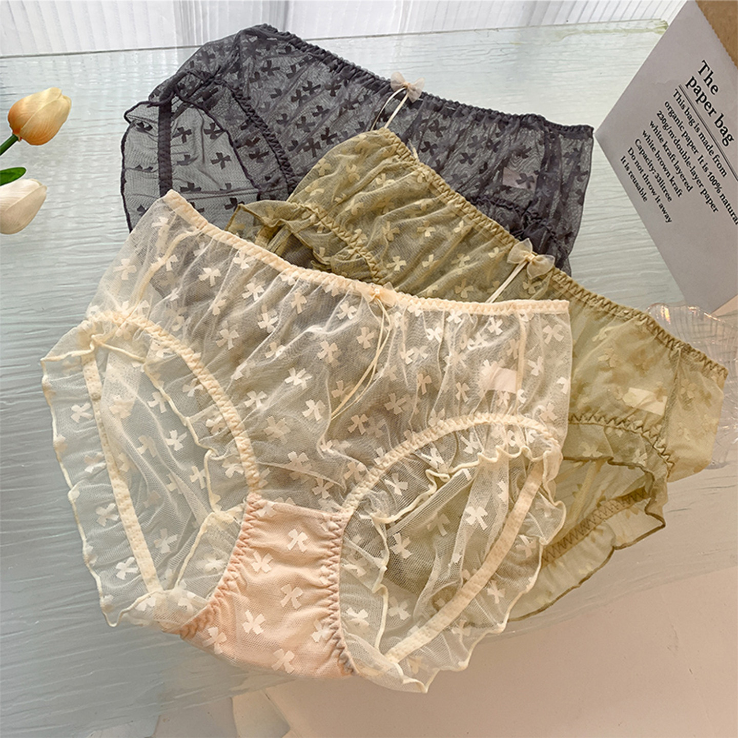 大码蕾丝内裤女胖mm200斤性感纯欲中腰网纱透明不夹臀透气三角裤